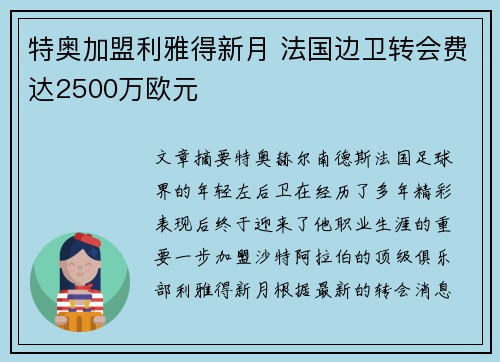 特奥加盟利雅得新月 法国边卫转会费达2500万欧元