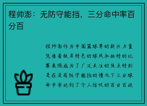 程帅澎:无防守能挡,三分命中率百分百