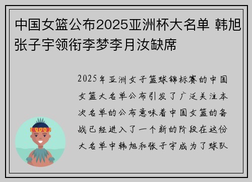 中国女篮公布2025亚洲杯大名单 韩旭张子宇领衔李梦李月汝缺席