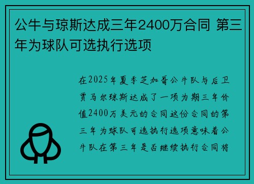公牛与琼斯达成三年2400万合同 第三年为球队可选执行选项