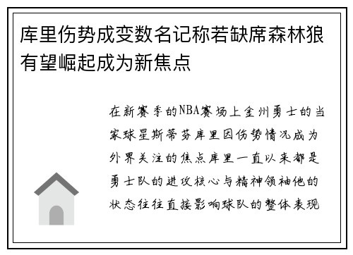 库里伤势成变数名记称若缺席森林狼有望崛起成为新焦点